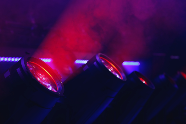 Professional lighting equipment including LED panels, moving lights, and control systems for stage and architectural illumination